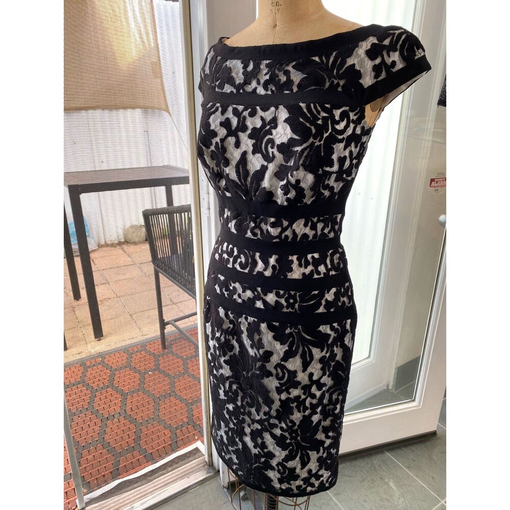 Tadashi Shoji B&W Embroidered Lace Cap Sleeve Fitted Cocktail Midi Dress SZ 6